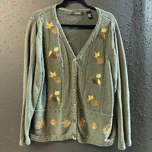 Crystal Kobe Embroidered Fall Leaves Sweater Green Brown Yellow Orange Size XL
